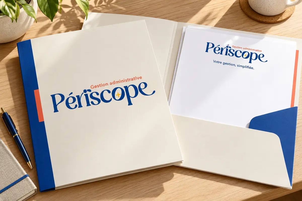 Pochette et papeterie de Périscope : « Votre gestion, simplifiée. »